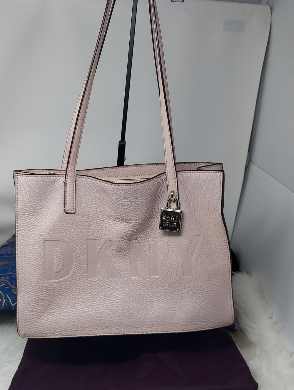 DKNY Light Blush Pebbled Leather Tote with Gold Lock Charm